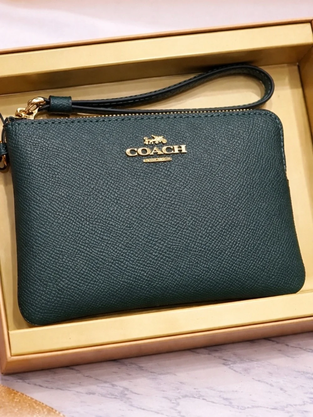 Coach Dark Green Leather Wristlet with Gold Hardware - Picture 2 of 4
